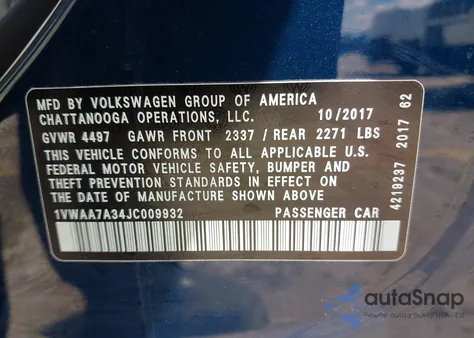 2018 Volkswagen Passat 2.0T R-Line/2.0T S из США, поврежденный, VIN 1VWAA7A34JC009932